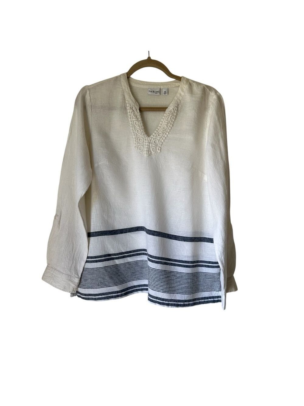 Kim Rogers Women’s Roll Tab Linen Blend Adjustable Sleeve V-Neck Beachy Top PM - Picture 4 of 8
